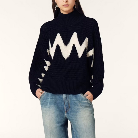 Model shot of navy and white batwing knit