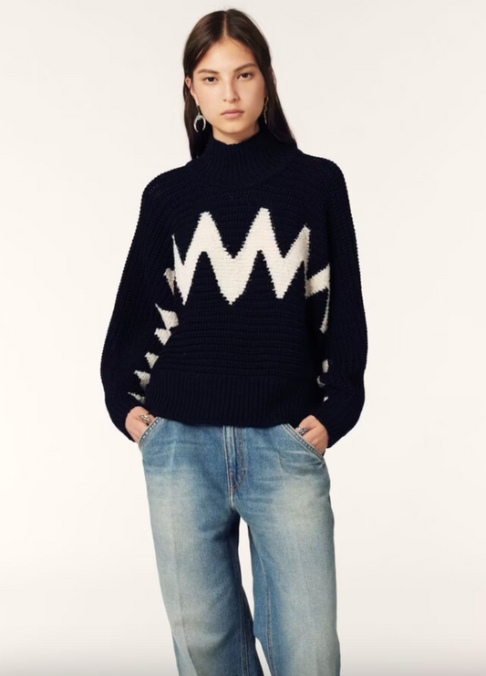 Model shot of navy and white batwing knit