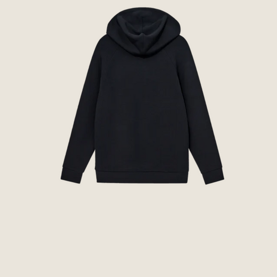 dark navy hooded sweatshirt with drawstring hood  rear view 