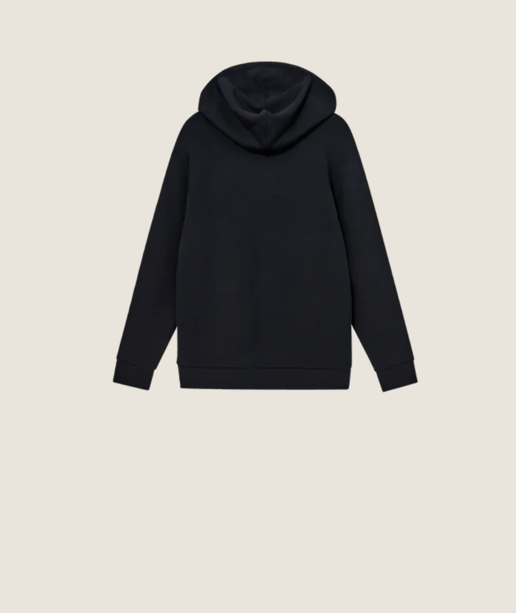 dark navy hooded sweatshirt with drawstring hood  rear view 