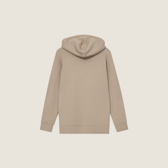 beige hooded sweatshirt with drawstring  rear view 