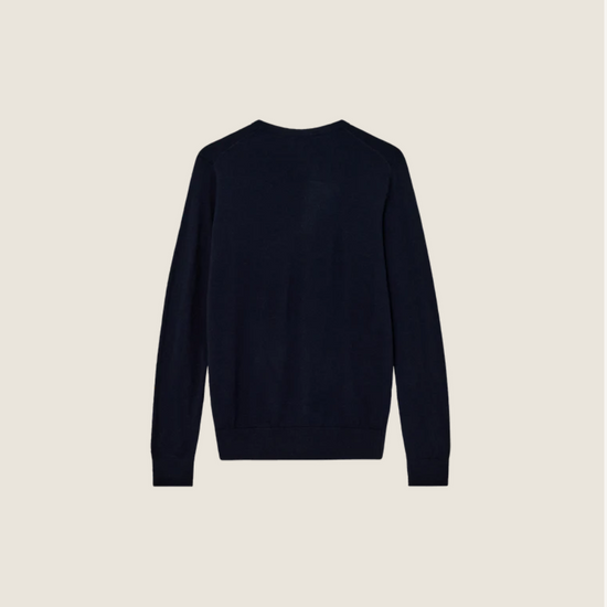 navy round neck jumper rear view 