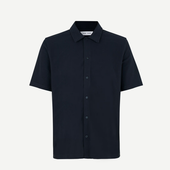 Navy short sleeve polo shirt that buttons through