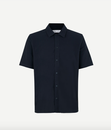 Navy short sleeve polo shirt that buttons through