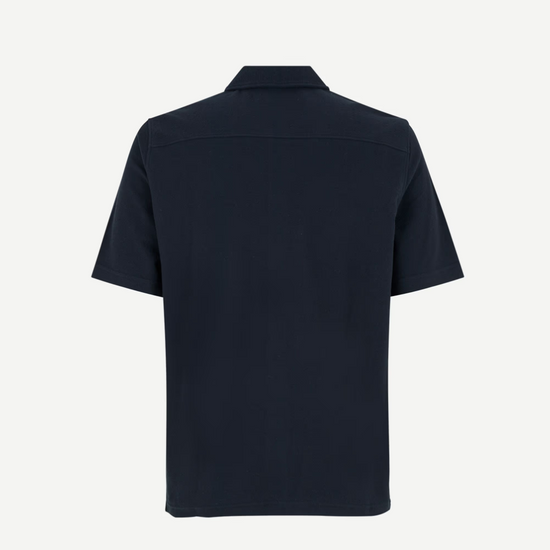 Rear flat lay of navy button through polo shirt