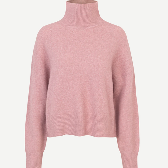 pink turtleneck jumper with ribbed neck, cuffs and hem