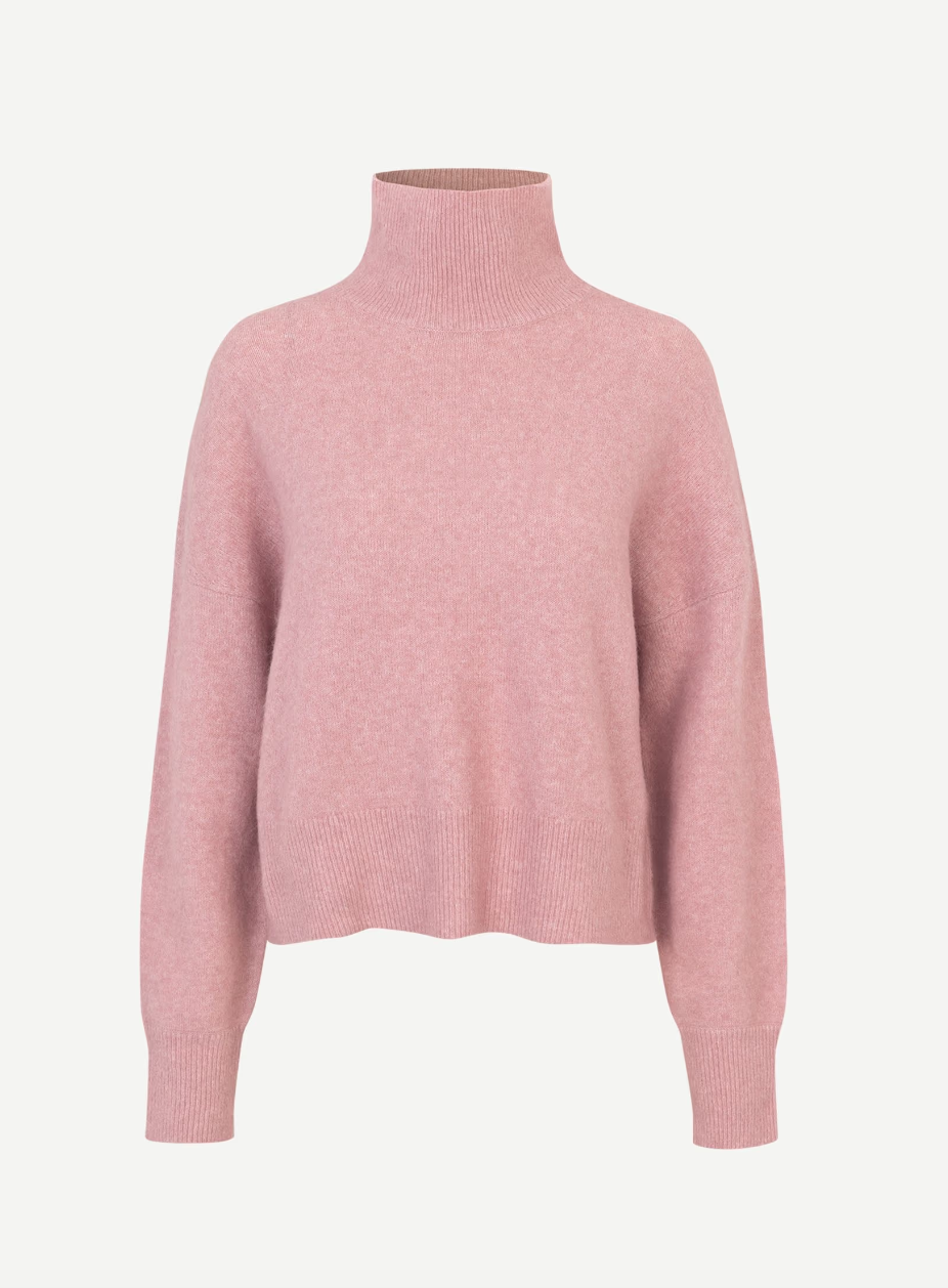 pink turtleneck jumper with ribbed neck, cuffs and hem