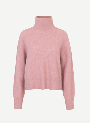 pink turtleneck jumper with ribbed neck, cuffs and hem