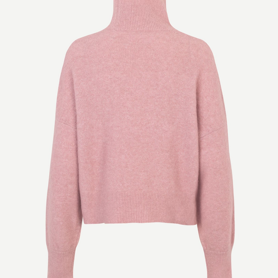 pink turtleneck jumper with ribbed neck, cuffs and hem rear view 