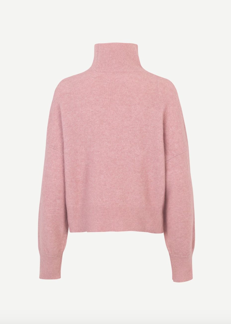 pink turtleneck jumper with ribbed neck, cuffs and hem rear view 