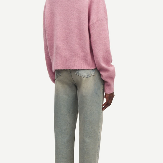 pink turtleneck jumper with ribbed neck, cuffs and hem rear view