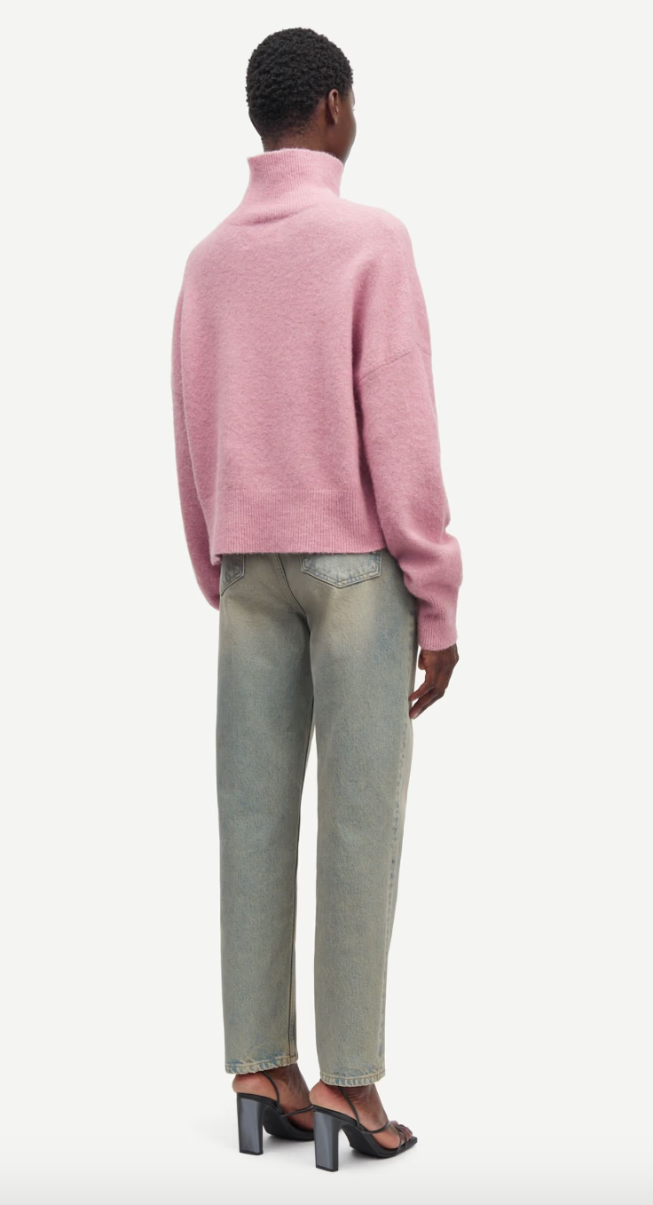 pink turtleneck jumper with ribbed neck, cuffs and hem rear view