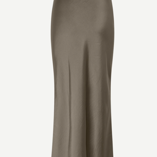 Rear view of sage green satin slip skirt 