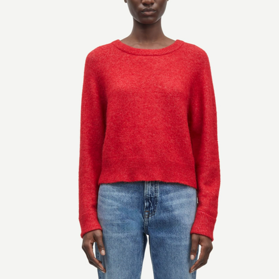 red round neck short jumper with ribbed neck, cuff and hem model shot