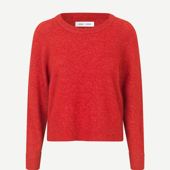 red round neck short jumper with ribbed neck, cuff and hem