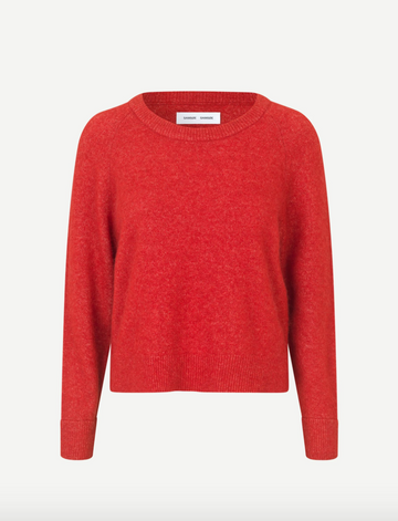 red round neck short jumper with ribbed neck, cuff and hem