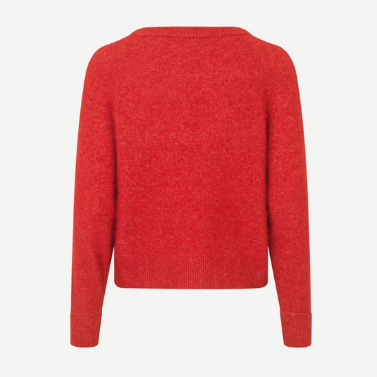 red round neck short jumper with ribbed neck, cuff and hem rear view 