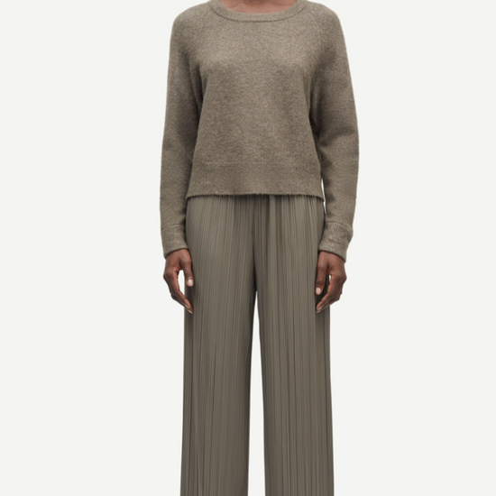 green grey pleated elasticated waist trousers model shot