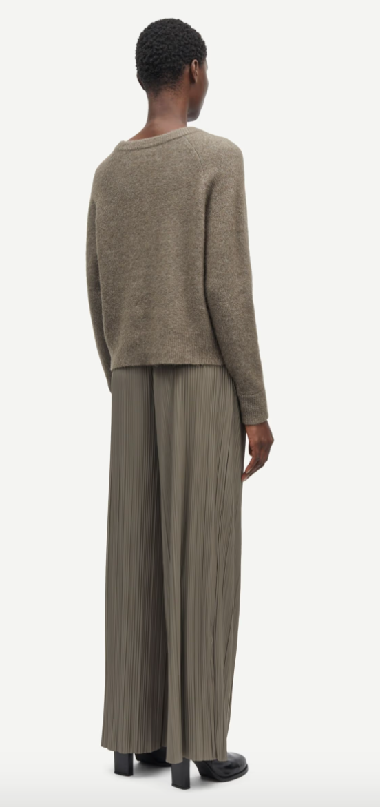 green grey pleated elasticated waist trousers rear view 