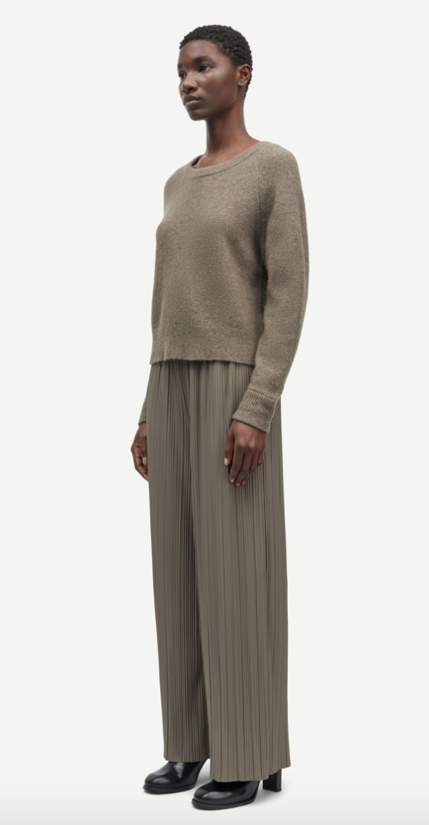 green grey pleated elasticated waist trousers model shot