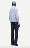 pale blue turtleneck jumper with ribbed neck, hem and cuffs rear view