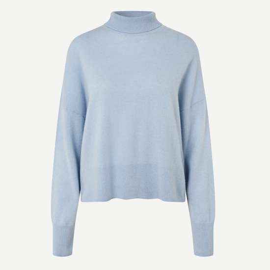 pale blue turtleneck jumper with ribbed neck, hem and cuffs