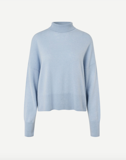 pale blue turtleneck jumper with ribbed neck, hem and cuffs