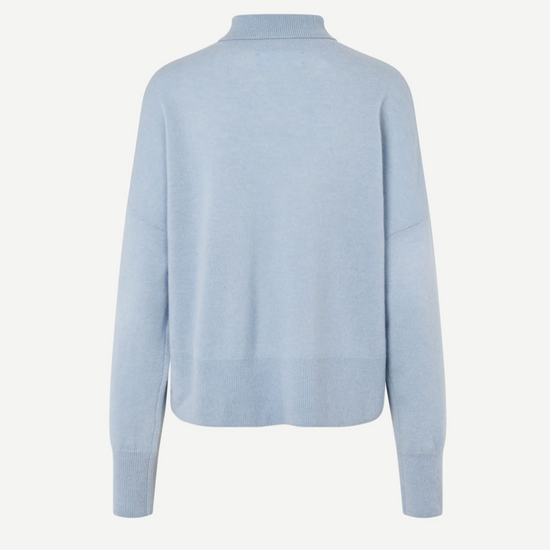 pale blue turtleneck jumper with ribbed neck, hem and cuffs rear view 