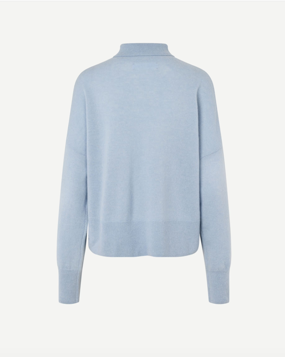 pale blue turtleneck jumper with ribbed neck, hem and cuffs rear view 