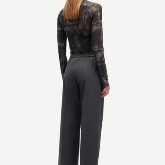 dark grey straight leg trousers with elasticated waist and pleat front rear view 