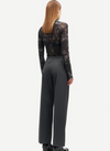 dark grey straight leg trousers with elasticated waist and pleat front rear view 