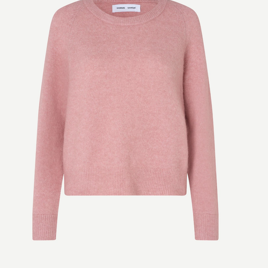 baby pink round neck knit with ribbed neck, cuffs and hem