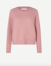 baby pink round neck knit with ribbed neck, cuffs and hem