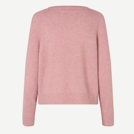 baby pink round neck knit with ribbed neck, cuffs and hem rear view