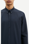 navy mens shirt with classic collar and button cuff close up