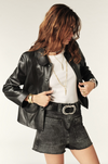 Leather jacket with peter pan collar on model