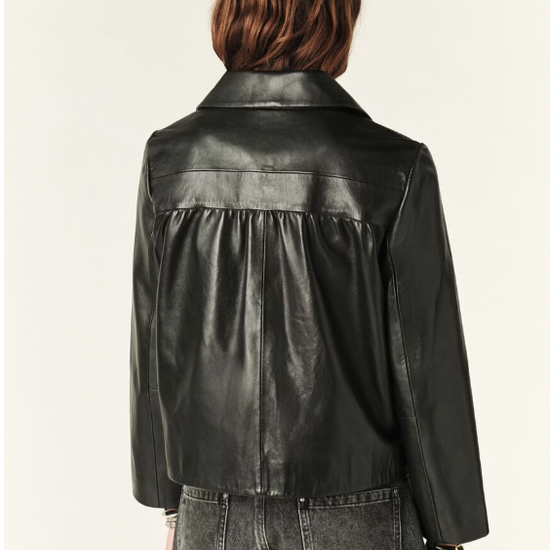 Rear view of leather jacket with peter pan collar