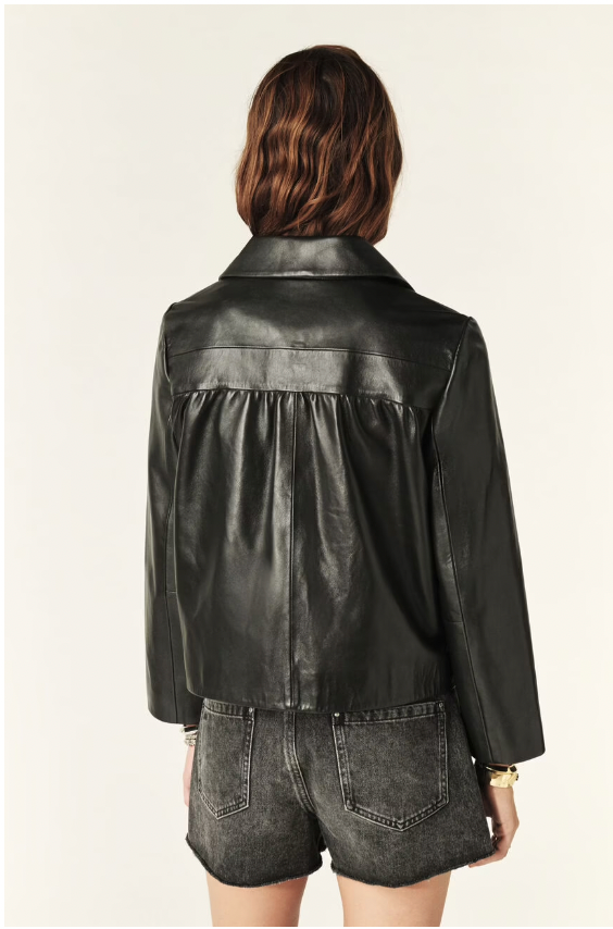 Rear view of leather jacket with peter pan collar