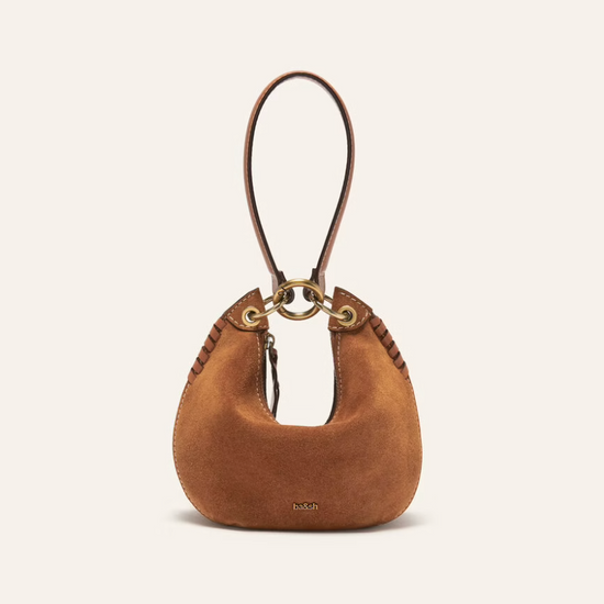 Tan suede handbag with removeable cross body strap