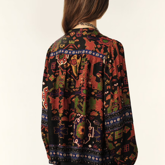 long sleeved shirt with multi coloured print and v neck rear view 