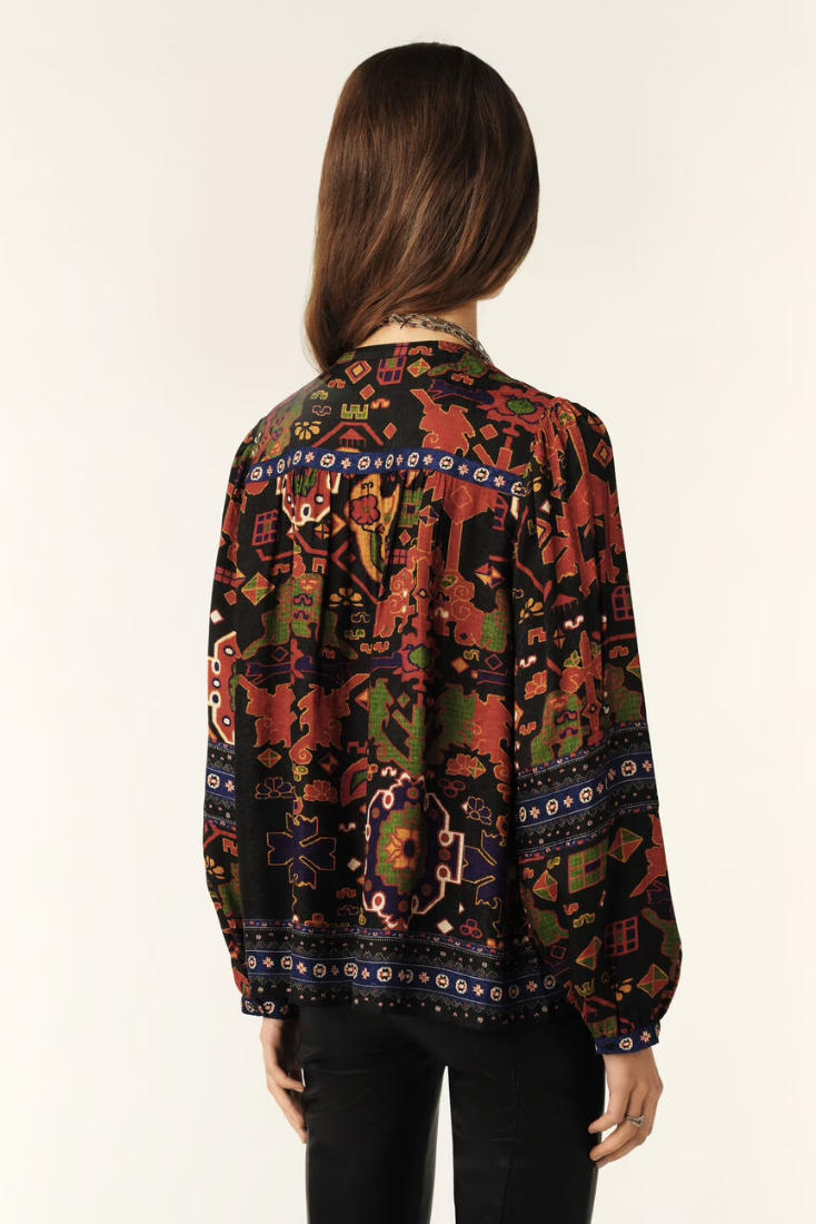 long sleeved shirt with multi coloured print and v neck rear view 