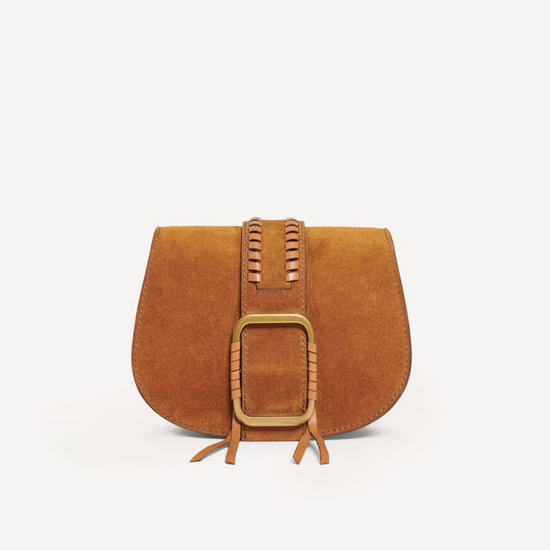 brown suede cross body bag with buckle