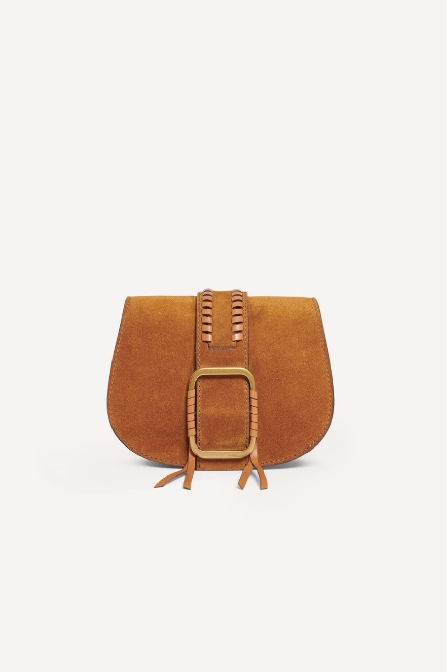 brown suede cross body bag with buckle