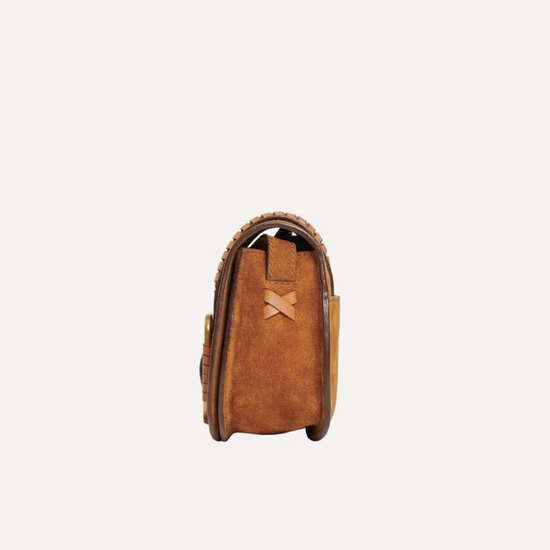 brown suede cross body bag with buckle side view 