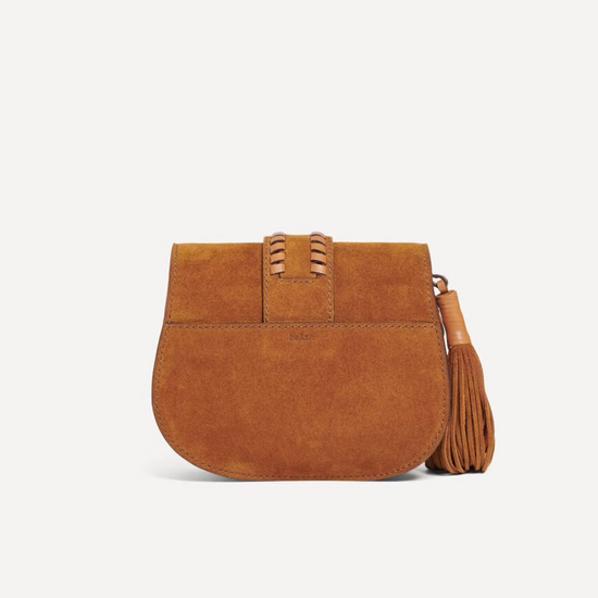 brown suede cross body bag with buckle rear view