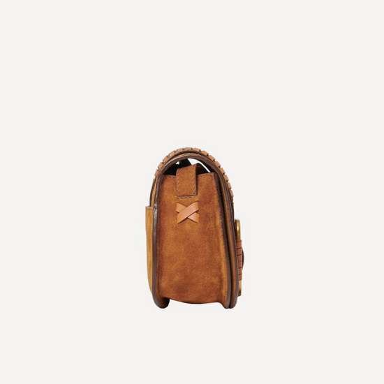 brown suede cross body bag with buckle side view 