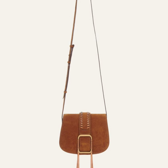 brown suede cross body bag with buckle