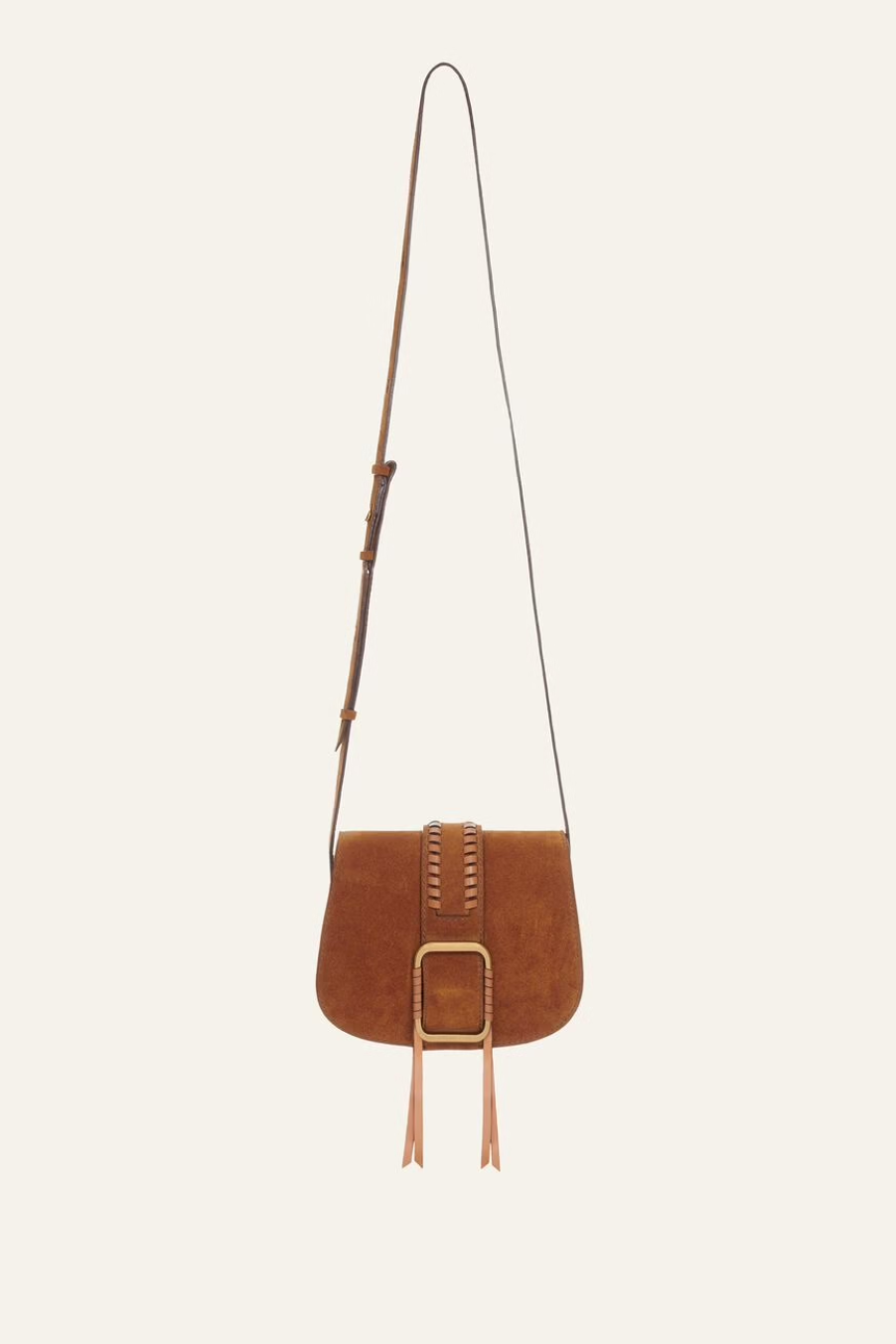 brown suede cross body bag with buckle