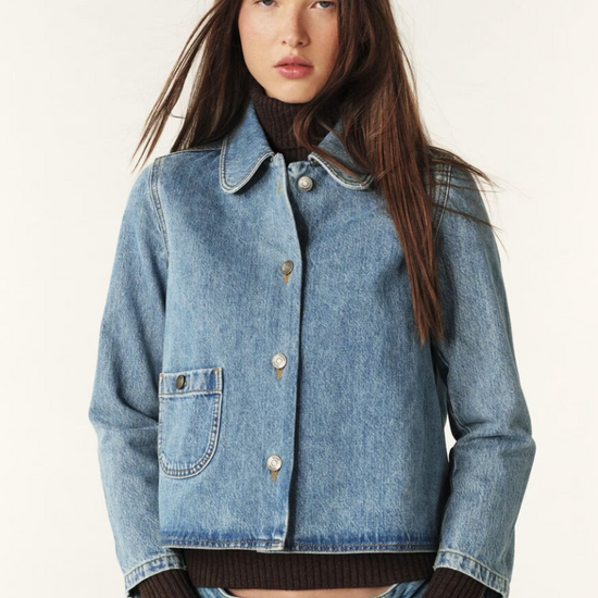 denim blue jacket with sweetheart collar and patch pocket model shot 