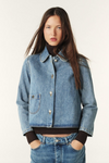 denim blue jacket with sweetheart collar and patch pocket model shot 